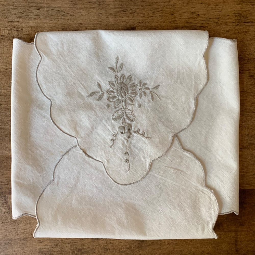 Linen Embroidered Bread Basket Liner Roll Cover Ecru Taupe Vintage